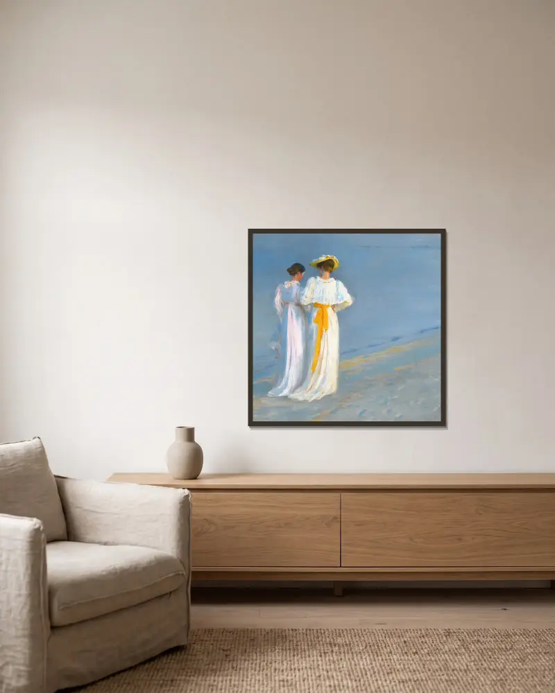 Anna Ancher och Marie Krøyer på stranden vid Skagen av Peder Severin Krøyer inramad på en vägg