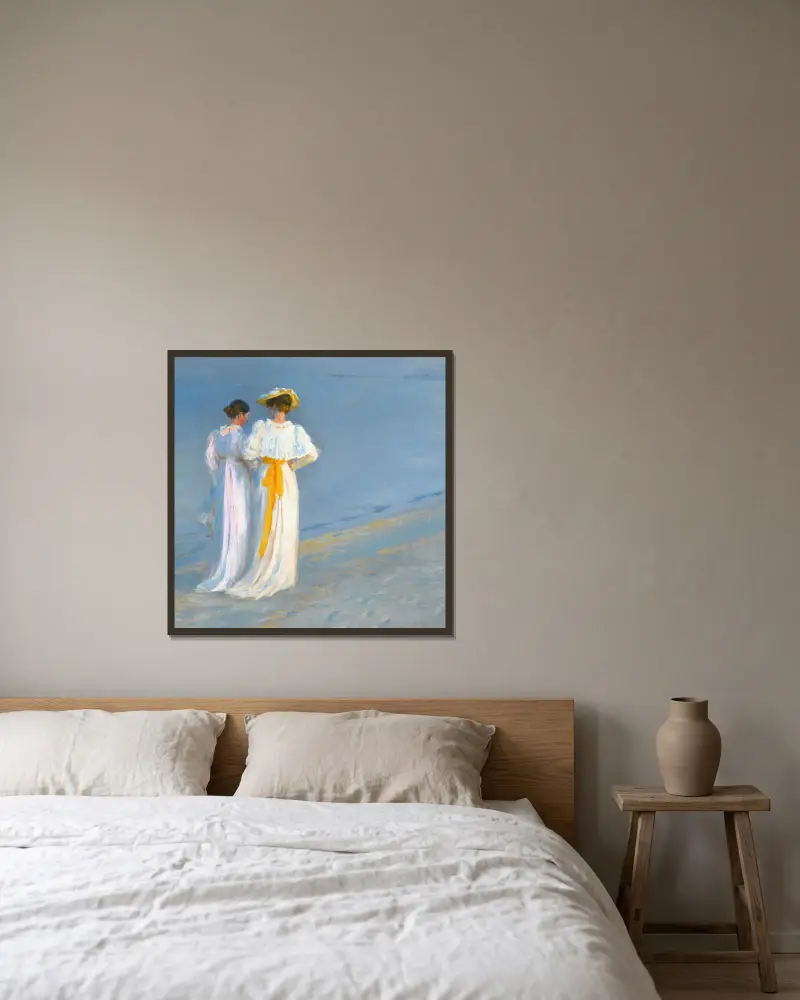 Anna Ancher och Marie Krøyer på stranden vid Skagen av Peder Severin Krøyer inramad på en vägg