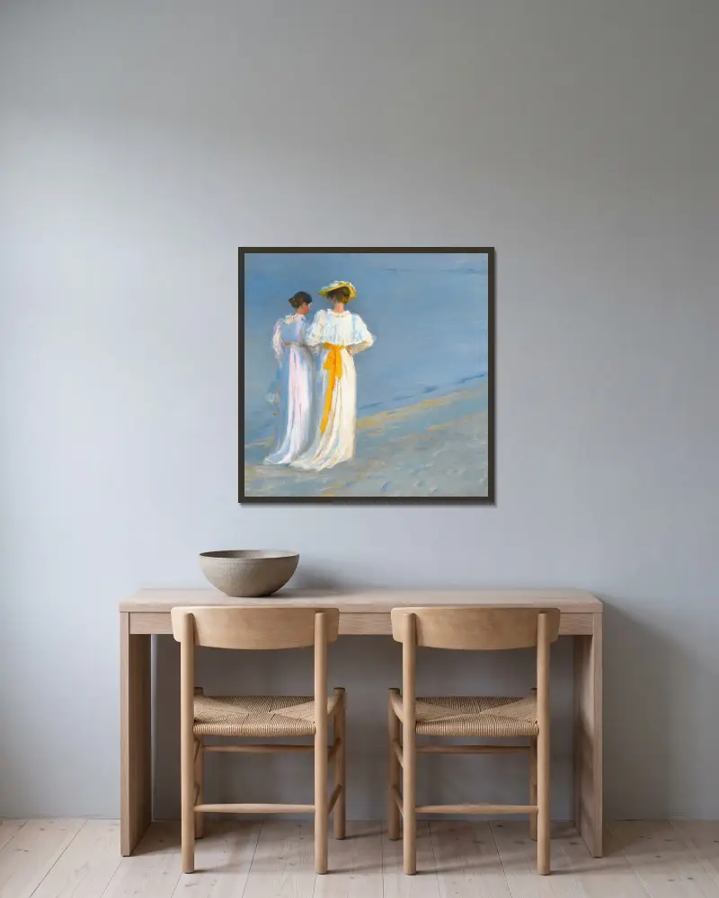 Anna Ancher och Marie Krøyer på stranden vid Skagen av Peder Severin Krøyer inramad på en vägg