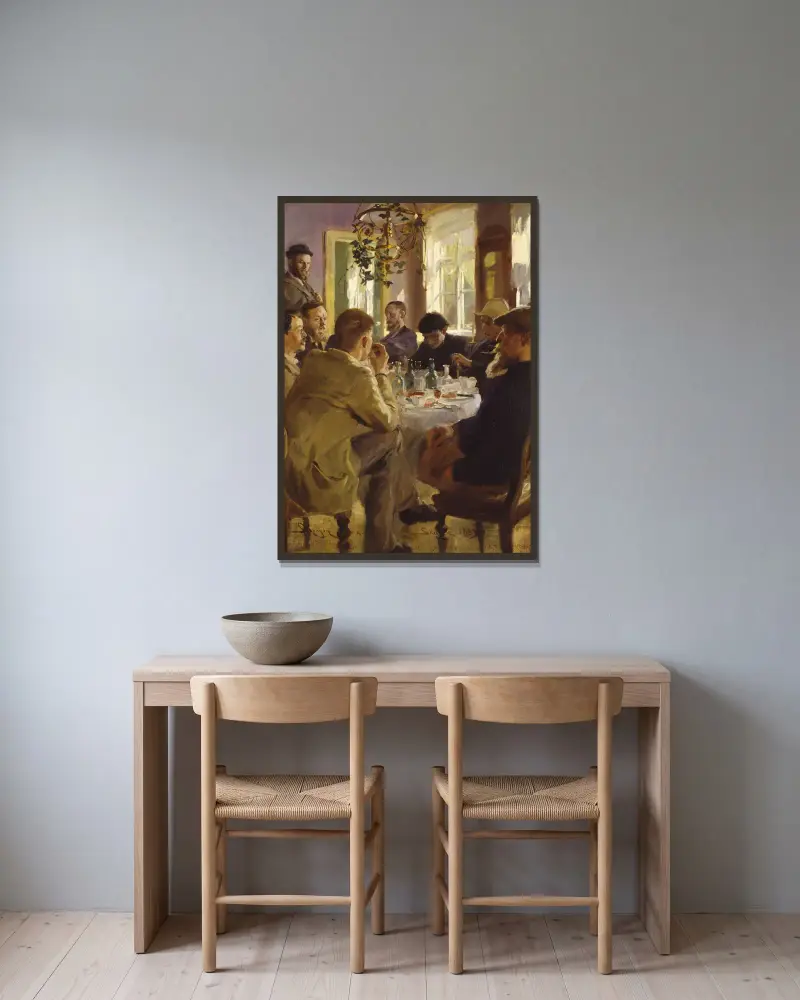 Konstnärernas lunch på Brøndums hotell av Peder Severin Krøyer inramad på en vägg