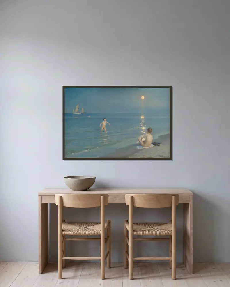 Badende Jungen in Skagen. Sommerabend von Peder Severin Krøyer gerahmt an einer Wand