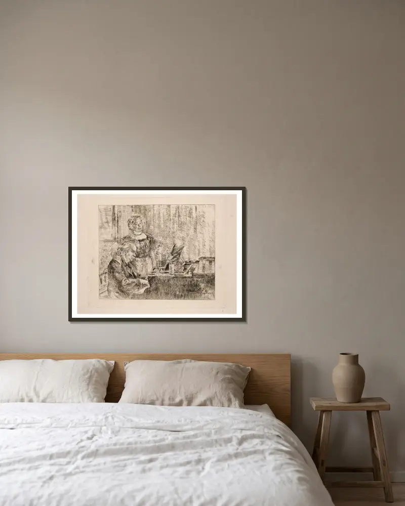 Edvard och Nina Grieg vid pianot av Peder Severin Krøyer inramad på en vägg