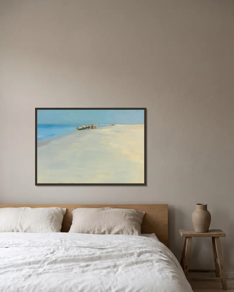 Fiskare på stranden vid Skagen av Peder Severin Krøyer inramad på en vägg