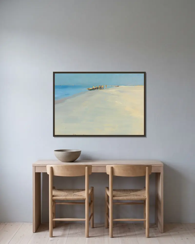 Fiskare på stranden vid Skagen av Peder Severin Krøyer inramad på en vägg