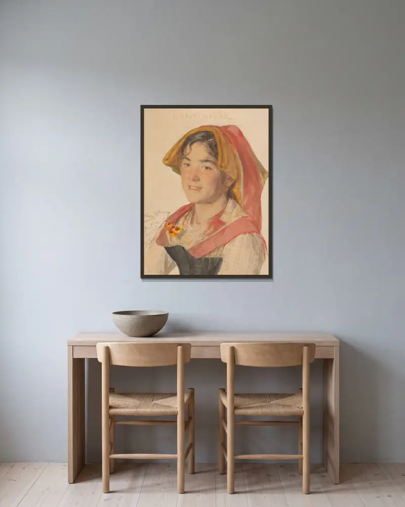 Huvud av en flicka från Civita d'Antino i folkdräkt ('Catarinella') av Peder Severin Krøyer inramad på en vägg