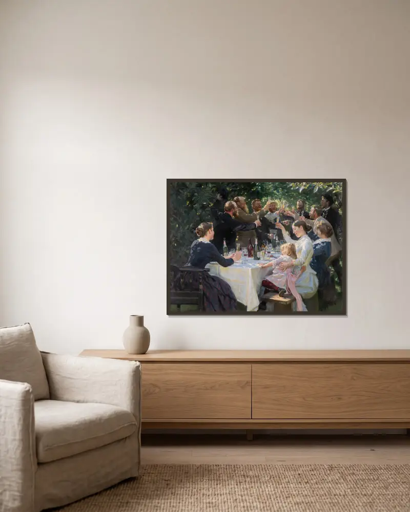 Hip, Hip, Hurra! Künstlerfest in Skagen von Peder Severin Krøyer gerahmt an einer Wand