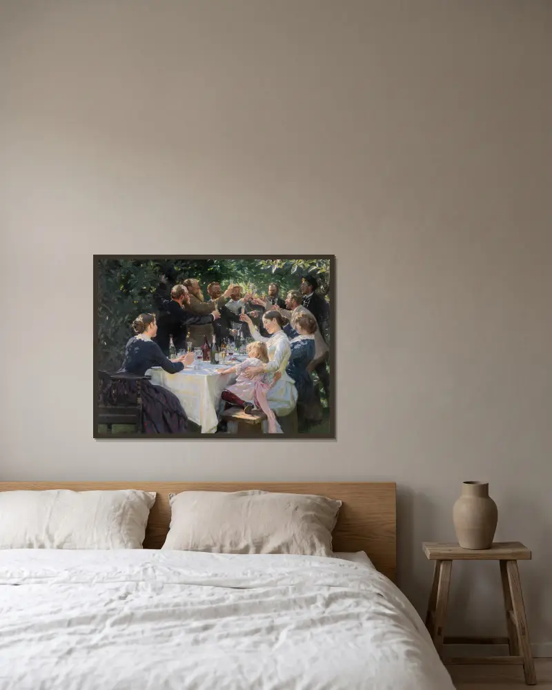 Hip, Hip, Hurra! Künstlerfest in Skagen von Peder Severin Krøyer gerahmt an einer Wand
