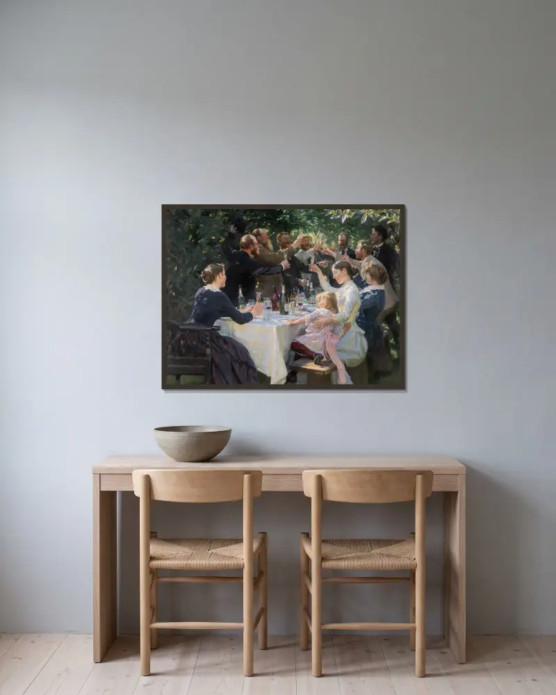 Hip, Hip, Hurra! Künstlerfest in Skagen von Peder Severin Krøyer gerahmt an einer Wand