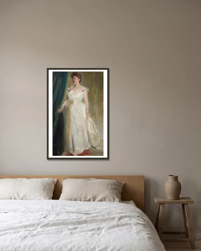 Porträtt av lansgrevinnan Lillie Suzanne Raben-Levetzau av Peder Severin Krøyer inramad på en vägg