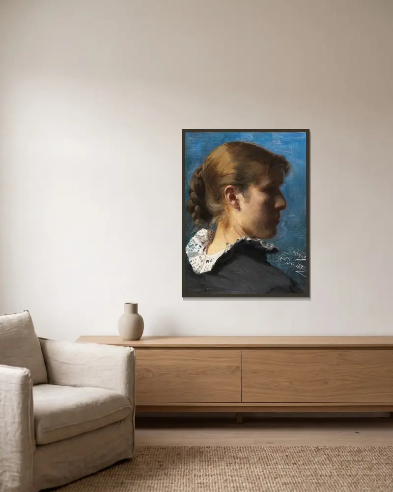 Porträtt av ung kvinna i profil av Peder Severin Krøyer inramad på en vägg