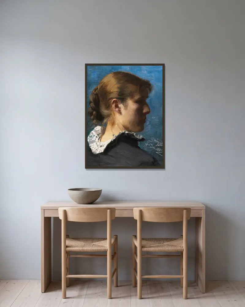 Porträtt av ung kvinna i profil av Peder Severin Krøyer inramad på en vägg