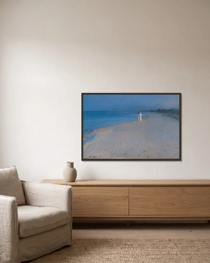 Sommarkväll vid Sönderstrand i Skagen. Anna Ancher och Marie Krøyer (studie) av Peder Severin Krøyer inramad på en vägg