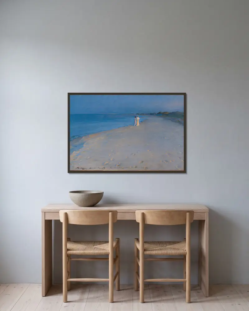 Sommarkväll vid Sönderstrand i Skagen. Anna Ancher och Marie Krøyer (studie) av Peder Severin Krøyer inramad på en vägg