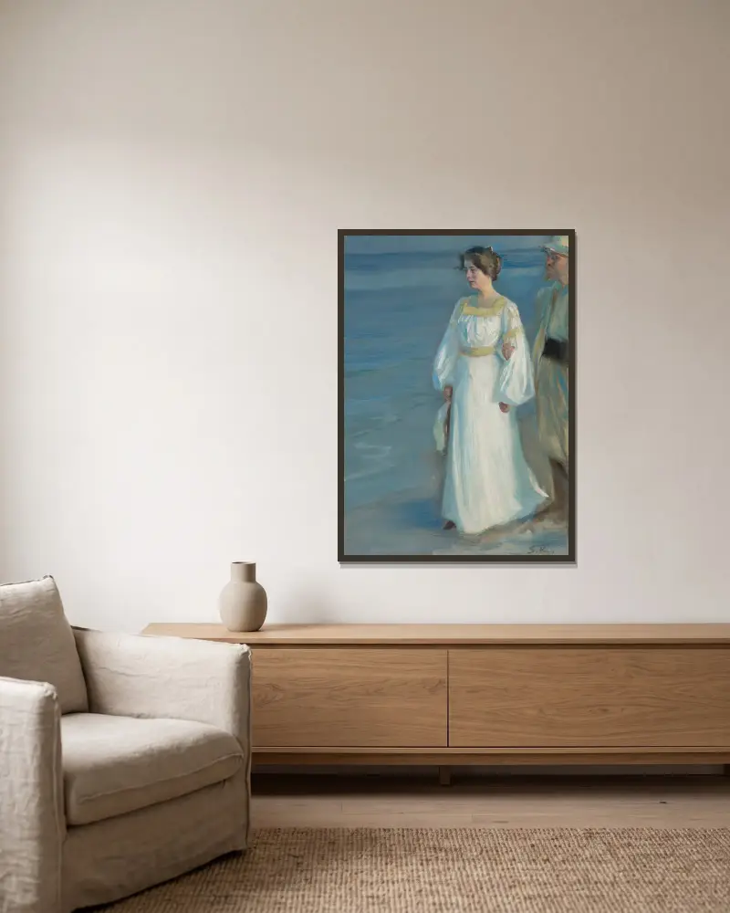 Sommarkväll på Skagens strand, porträtt av konstnärens hustru av Peder Severin Krøyer inramad på en vägg