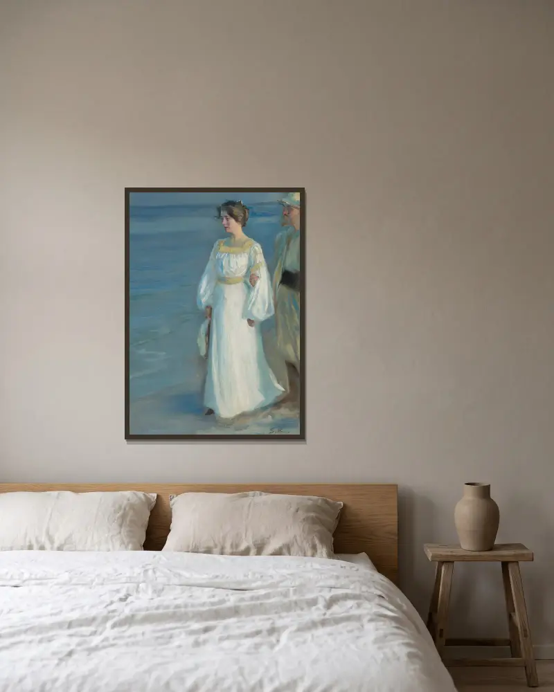 Sommarkväll på Skagens strand, porträtt av konstnärens hustru av Peder Severin Krøyer inramad på en vägg