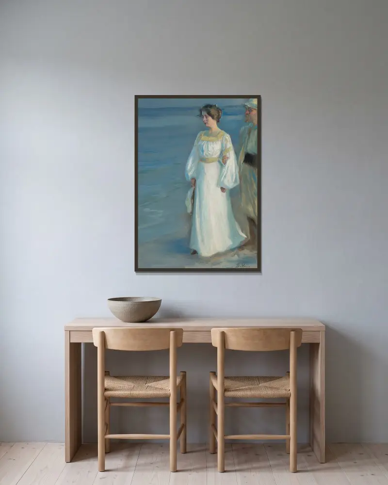 Sommarkväll på Skagens strand, porträtt av konstnärens hustru av Peder Severin Krøyer inramad på en vägg