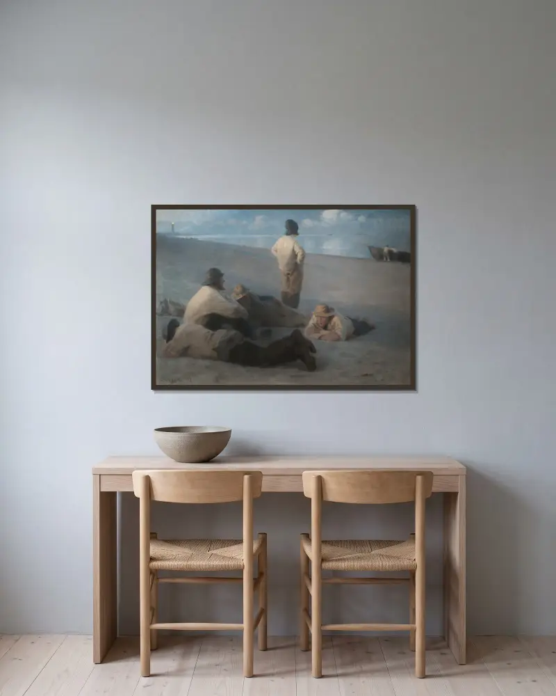 Sommarafton på stranden i Skagen av Peder Severin Krøyer inramad på en vägg