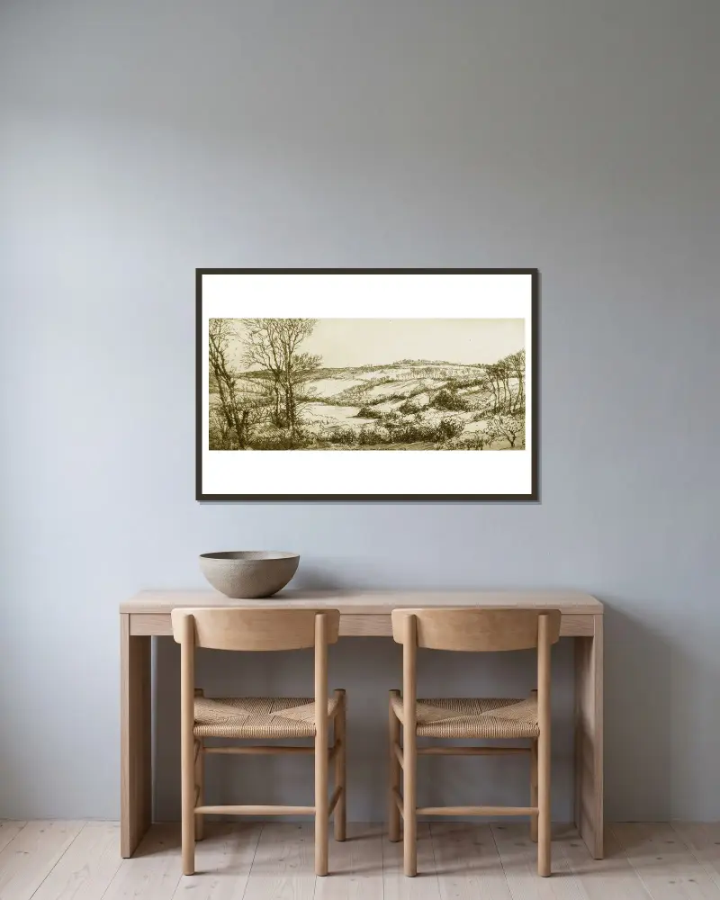 Cornish Landscape no. 1 av Donald Shaw MacLaughlan inramad på en vägg