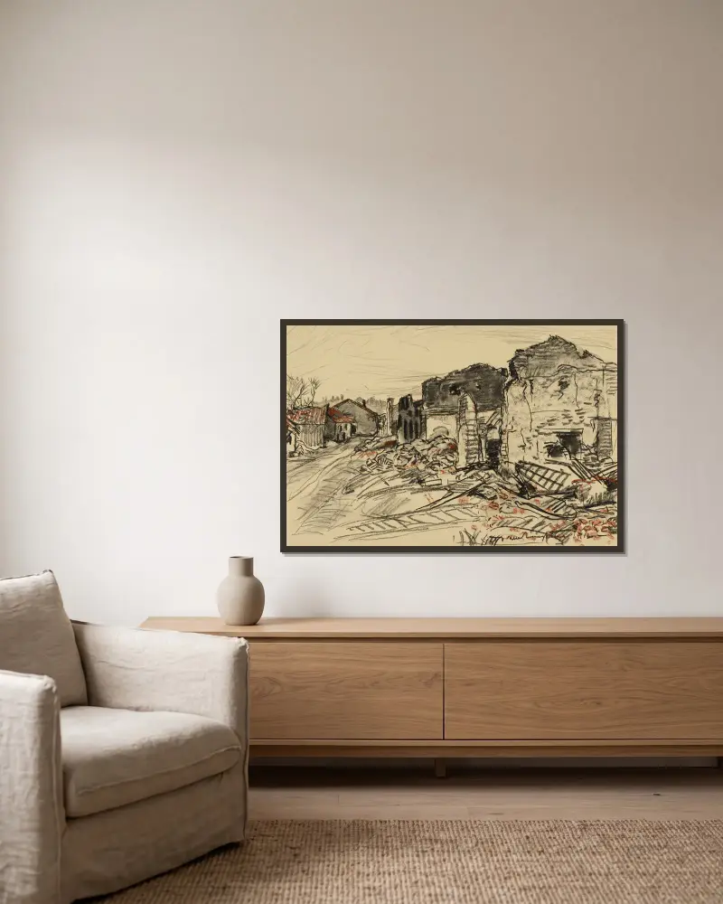Destroyed Village, War Front av Donald Shaw MacLaughlan inramad på en vägg