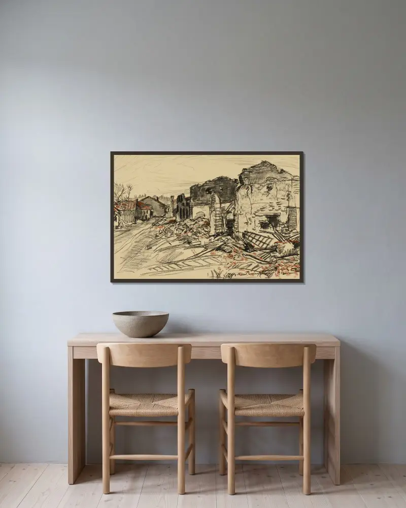 Destroyed Village, War Front av Donald Shaw MacLaughlan inramad på en vägg