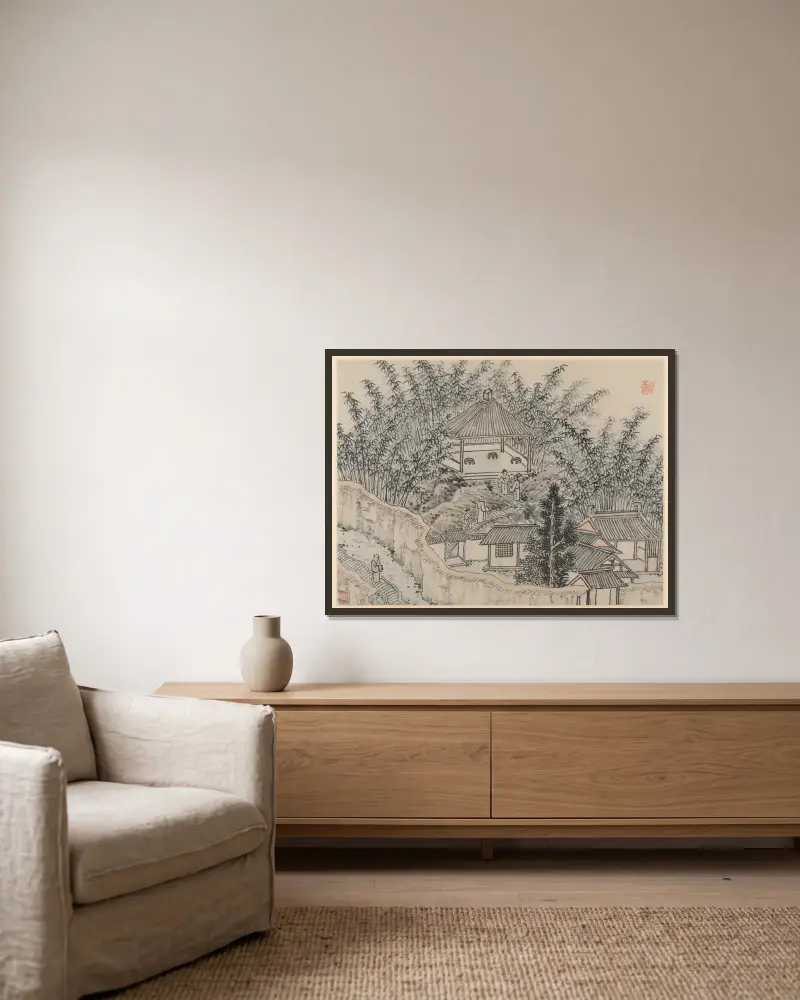 Bambupaviljongen, Tiger Hill, ur Tolv vyer av Tiger Hill, Suzhou av Shen Zhou inramad på en vägg