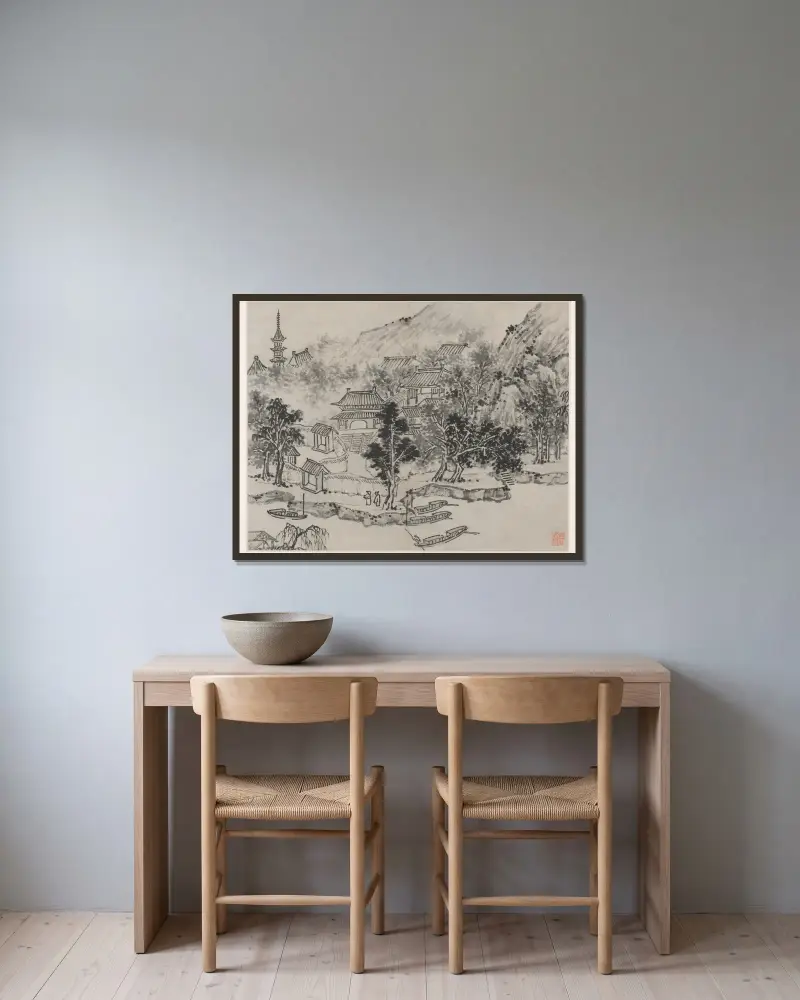 Avlägsen vy av Tiger Hill från kanalens förtöjningsplats, ur Tolv vyer av Tiger Hill, Suzhou av Shen Zhou inramad på en vägg