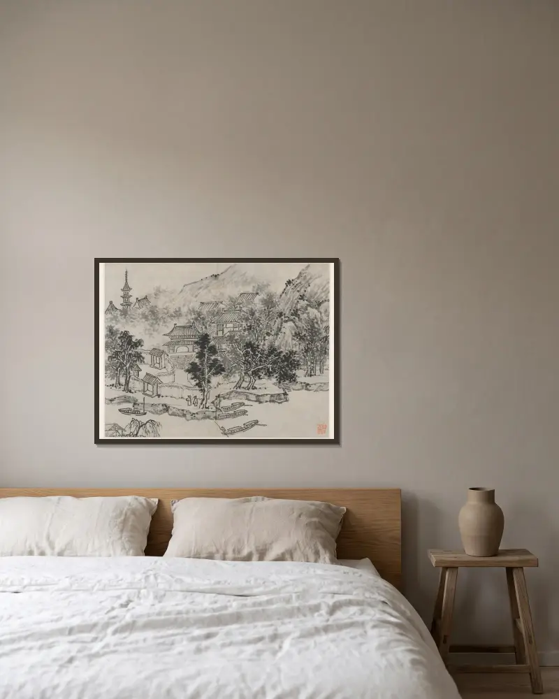Avlägsen vy av Tiger Hill från kanalens förtöjningsplats av Shen Zhou inramad på en vägg