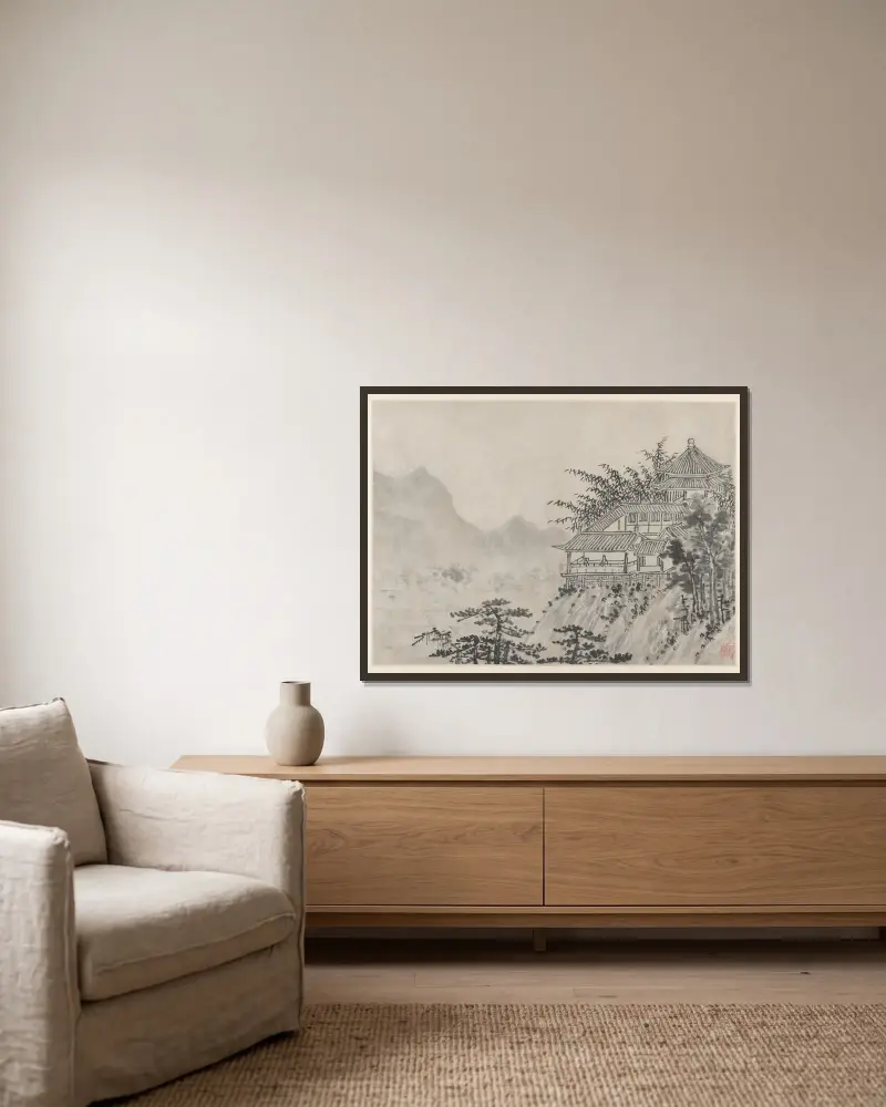 Tusen tunnland moln, ur Tolv vyer av Tiger Hill, Suzhou av Shen Zhou inramad på en vägg