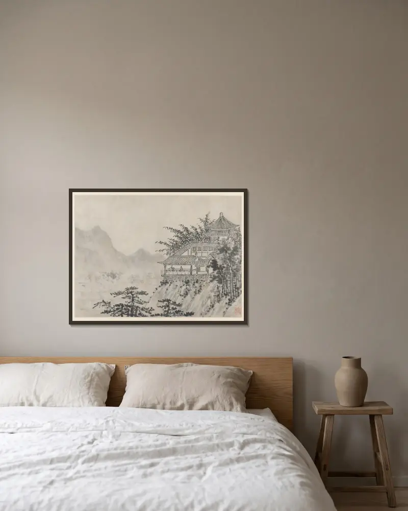 Tusen tunnland moln, ur Tolv vyer av Tiger Hill, Suzhou av Shen Zhou inramad på en vägg