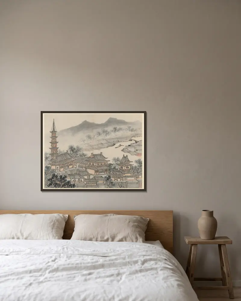 De tusen buddhornas sal och pagoden vid 'Molnklippans kloster', ur Tolv vyer av Tiger Hill, Suzhou av Shen Zhou inramad på en vägg