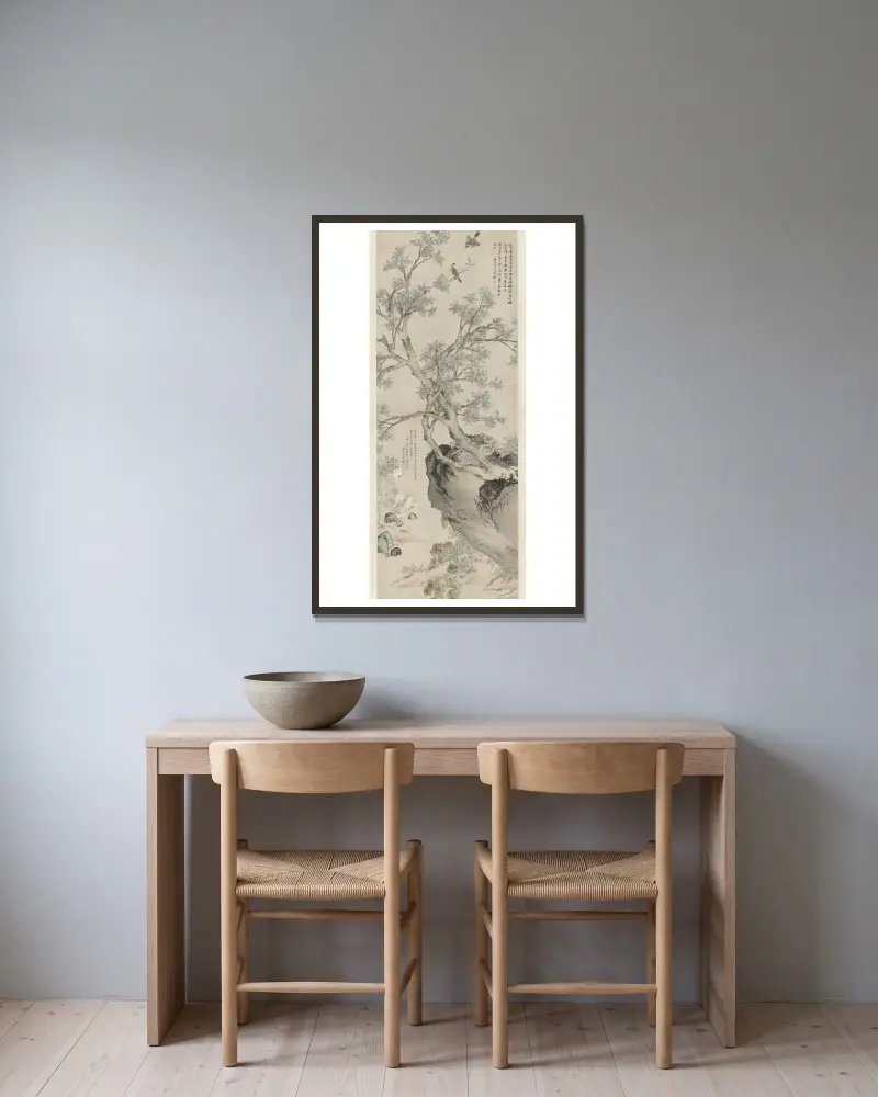 Gula krysantemum och röd osmanthus i Wang Yuans stil av Shen Zhou inramad på en vägg