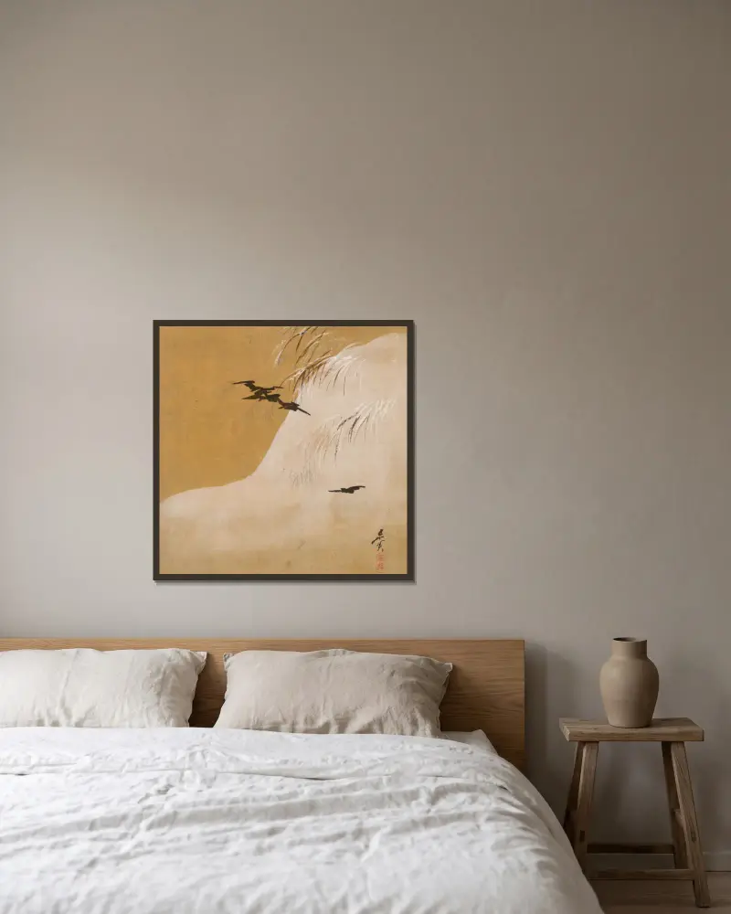 Birds in Snow av Shibata Zeshin inramad på en vägg