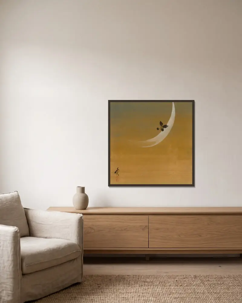 Crescent Moon av Shibata Zeshin inramad på en vägg