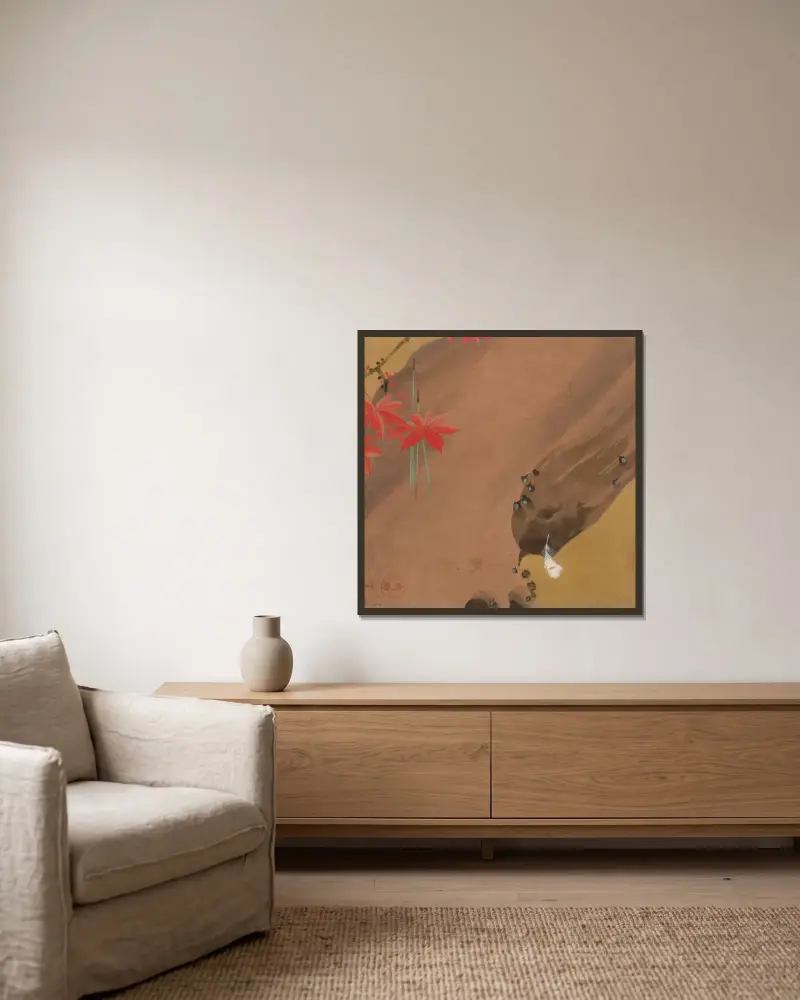 Maple Leaves and Feather av Shibata Zeshin inramad på en vägg