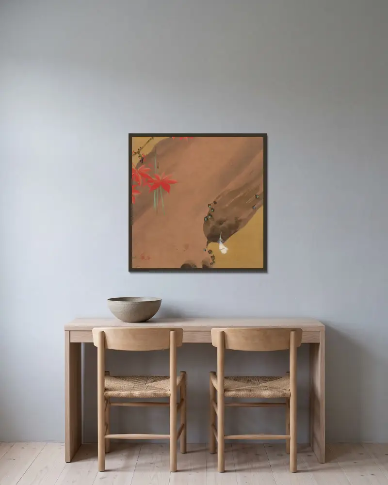 Maple Leaves and Feather av Shibata Zeshin inramad på en vägg