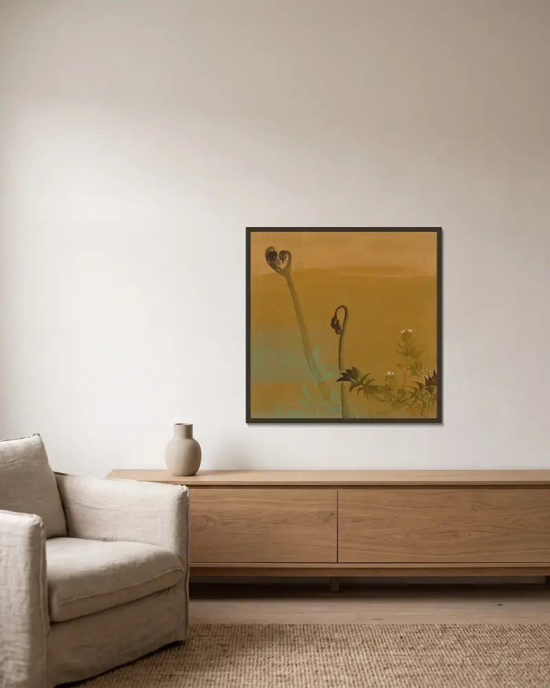 Neue Farne von Shibata Zeshin gerahmt an einer Wand