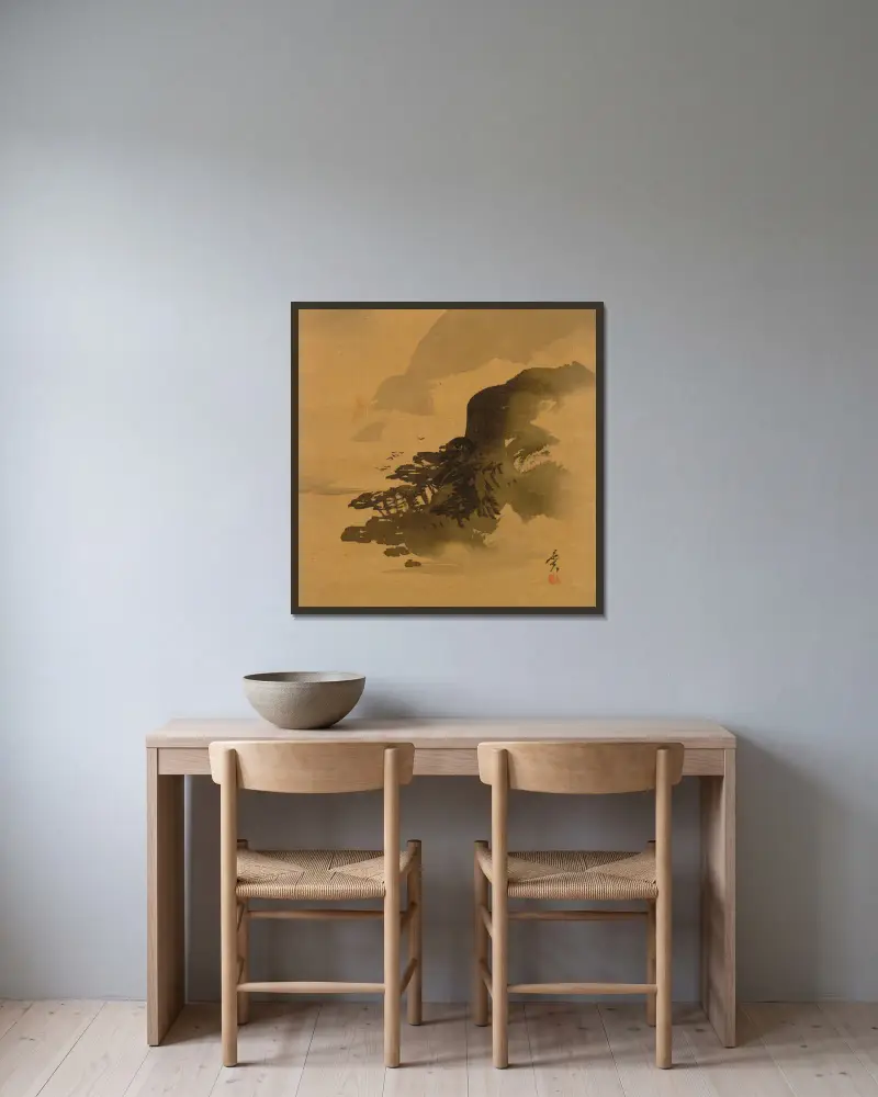Strandlinje med fåglar av Shibata Zeshin inramad på en vägg