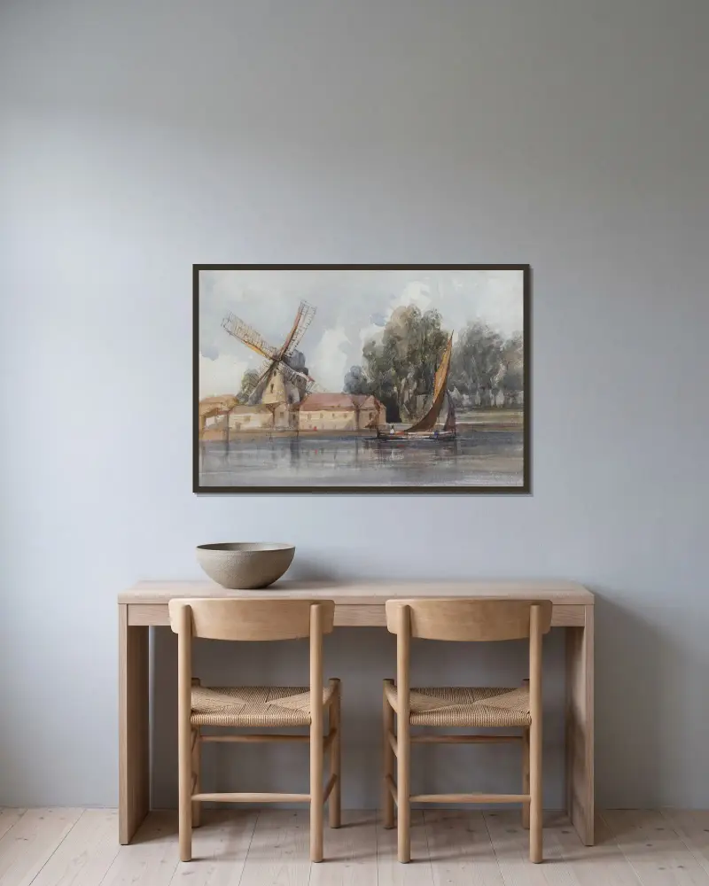 En wherry förbi en väderkvarn och lantbruksbyggnader av Thomas Shotter Boys inramad på en vägg