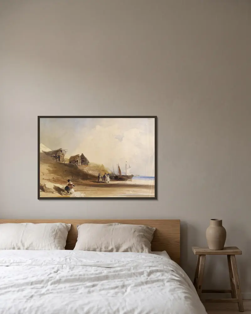 Fransk kustscen med figurer, båtar och fiskebodar av Thomas Shotter Boys inramad på en vägg