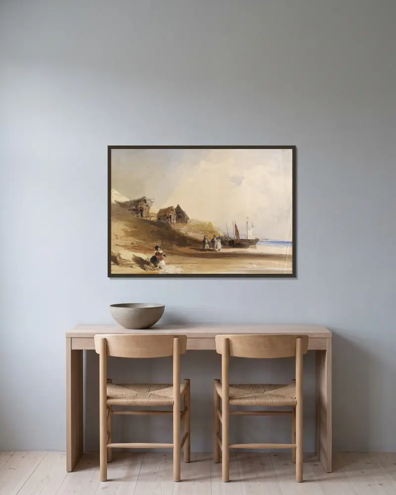 Fransk kustscen med figurer, båtar och fiskebodar av Thomas Shotter Boys inramad på en vägg