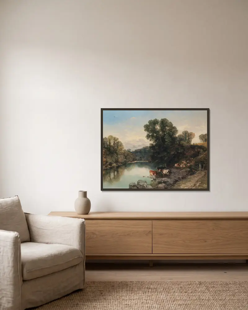 Vieh und Schafe am Flussufer von Thomas Sidney Cooper gerahmt an einer Wand