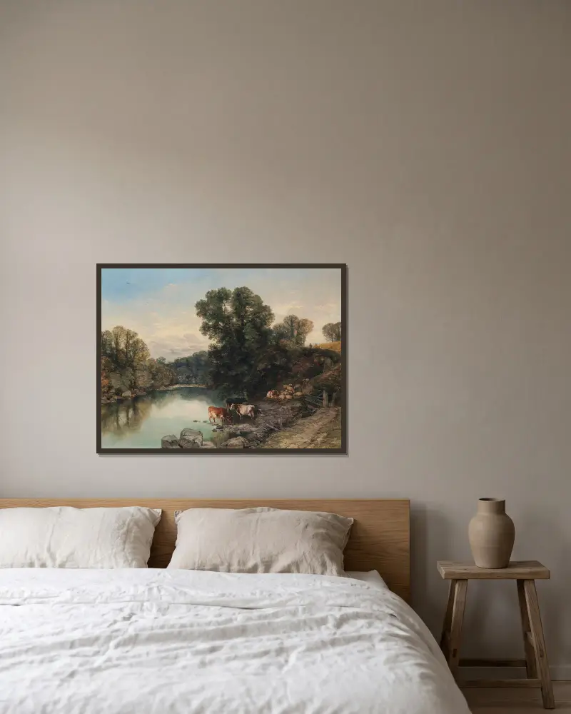 Vieh und Schafe am Flussufer von Thomas Sidney Cooper gerahmt an einer Wand