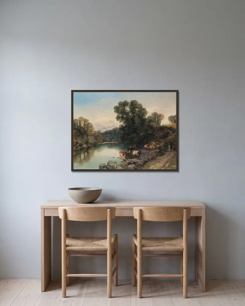 Vieh und Schafe am Flussufer von Thomas Sidney Cooper gerahmt an einer Wand