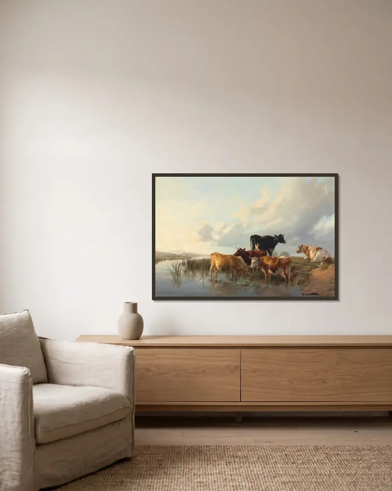Cattle By A River av Thomas Sidney Cooper inramad på en vägg