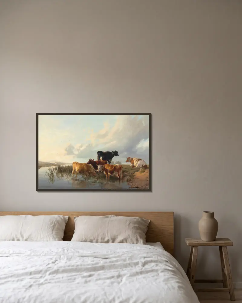 Cattle By A River av Thomas Sidney Cooper inramad på en vägg
