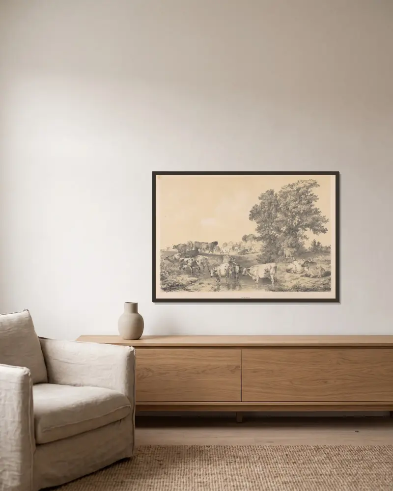 Landschaft mit Kühen von Thomas Sidney Cooper gerahmt an einer Wand
