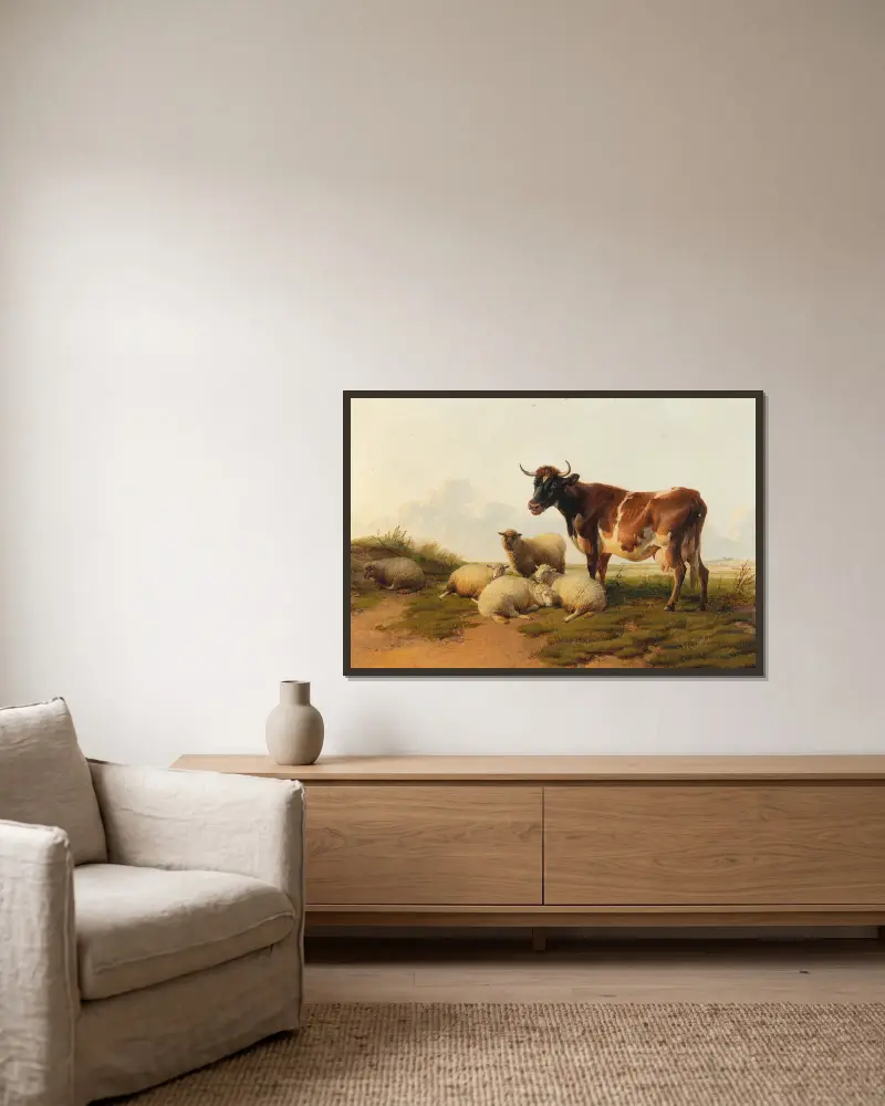 Sheep And Cows In The Meadow av Thomas Sidney Cooper inramad på en vägg