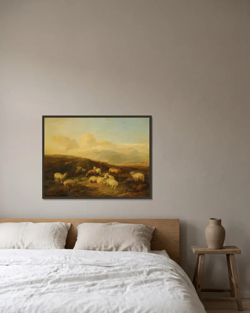 Sheep In A Moorland Landscape av Thomas Sidney Cooper inramad på en vägg