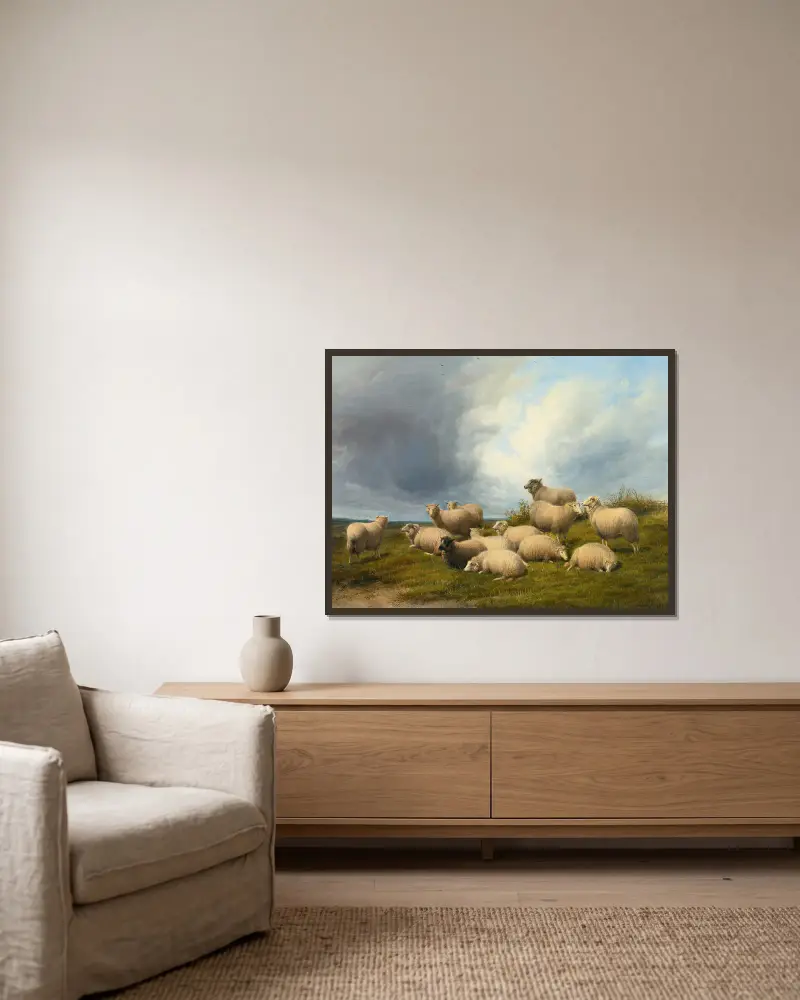 Sheep In A Pasture av Thomas Sidney Cooper inramad på en vägg