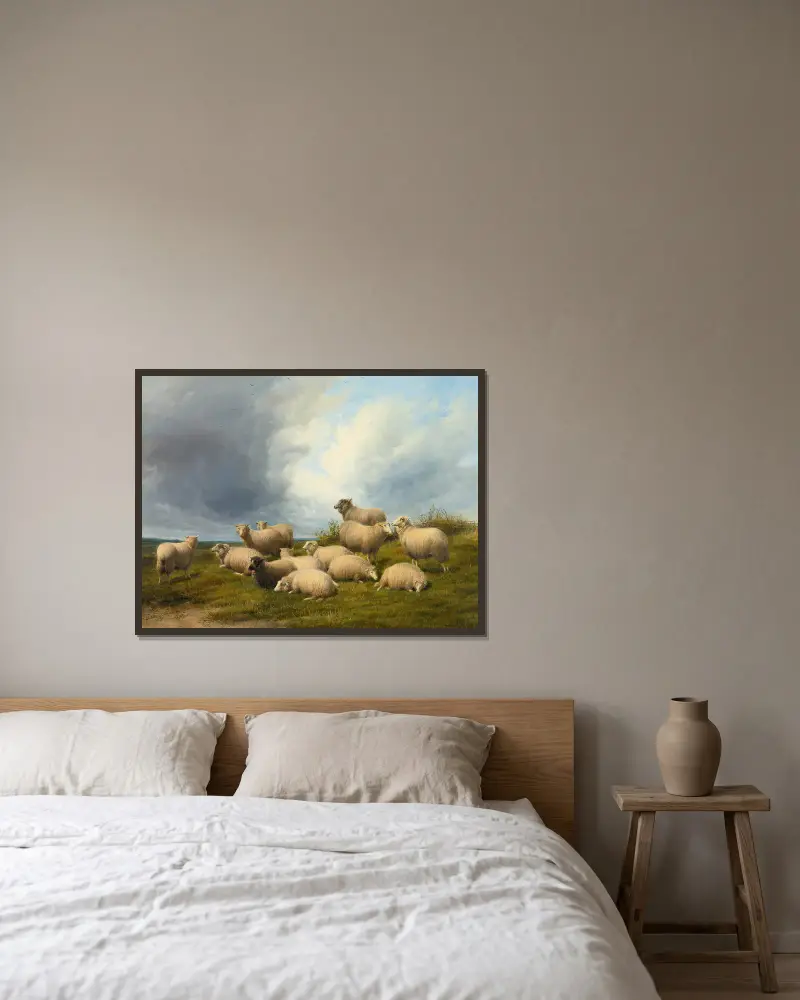 Sheep In A Pasture av Thomas Sidney Cooper inramad på en vägg
